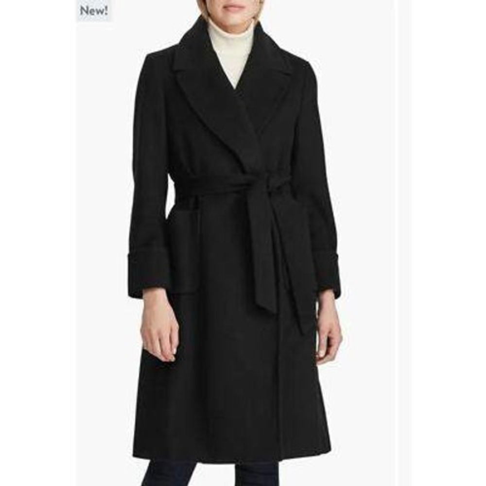 Lauren Ralph Lauren Black Wool Blend Wrap Coat Belted Collared‎ Unlined Sz 12